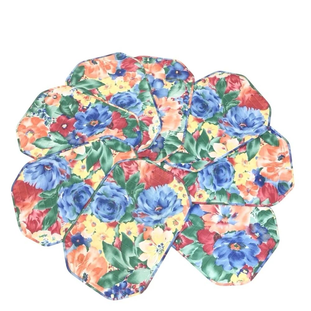 Vintage 80s Reversible Floral Plaid Placemats Set of 8 Quilted Cottagecore